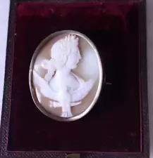 Antique Cameo Shell Brooch Girl and Bird