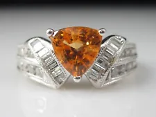 Garnet Diamond Ring Trillion Orange Spessartite Baguette 14K White Gold Estate