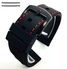 Black Rubber Silicone Replacement Watch Band Strap Buckle Red Stitching #4006