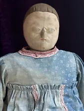 Rare Large 26” Antique Early American Primitive Cloth Rag Stitched Painted Doll