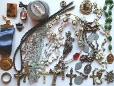 Vtg Rosary Lot Repair Parts Murano Glass Roses Beads Wood Medals Crucifix Pins