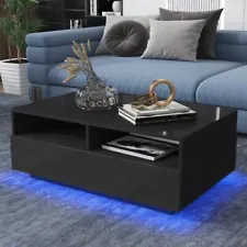 Modern Black Coffee Table High Gloss with LED Light & Storage Drawer Living Room