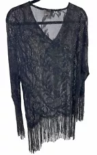 Vintage 70's fantastik WOMEN'S BLACK Silver Knit Lace Sheer SIZE M FRINGE TOP