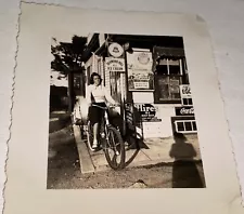 Rare Vintage American Bicycle Girl at Store Ice Cream & Coca Cola Snapshot Photo