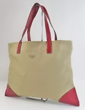 Auth PRADA Tan Beige Canvas and Red Leather Tote Bag Purse #57557