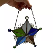 Multicolor handmade stained hanging star with beads8 inches tall glass decor art