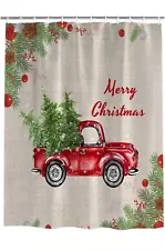 72*72 Christmas Shower Curtain Red Farm Truck Bathroom Curtain with 12 Hooks