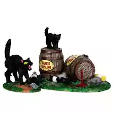 Lemax Halloween spooky town 34611 wine barrels casket and black cats pirate NEW