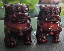 Two Fu Dogs Pair/Protective Guardians/Buddhism/2"/Deep Red Carved/Glazed Resin