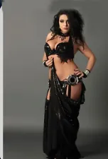 Sexy Black Belly Dance Costume Two Piece Professional Dancing Dress Metal Belt