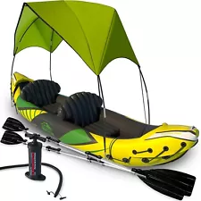 Inflatable Kayak For 2 Person with Sun Canopy, 3rd Seat for Dog/Child, Backrests