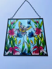 Vibrant Medium Size Sun catcher Depicting Flower Meadow And Butterfliy