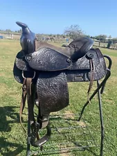 Used 15" black tooled Western saddle w/semi bars Made in USA