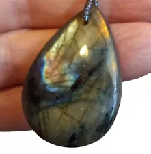 Polished Crackled Labradorite Teardrop Pendant on 18in Beaded Chain W/Metal...