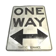 VINTAGE ONE WAY STREET ROAD SIGN TRAFFIC SIGN SILVER BLACK TOUCHED UP WORN SIGN