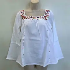 GEETA Hippie Boho Festival Embroidered Mexican Smock Peasant Blouse Shirt White