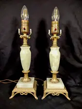 Vintage Table Lamps Light Green Onyx Stone, Set of Two 14”