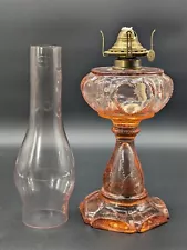 PINK DEPRESSION GLASS QUEEN OF HEARTS OIL LAMP WITH QUEEN ANNE NO. 1 BURNER