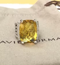 David Yurman Sterling Silver 20x15mm Wheaton Lemon Citrine & Diamonds Ring 7