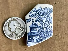 Tumbled Sea Glass Pottery Pendant Blue/White Japanese Pagoda Cherry Tree lot7477