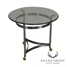 Directoire Style Brushed Steel & Brass Round Glass Top Side Table