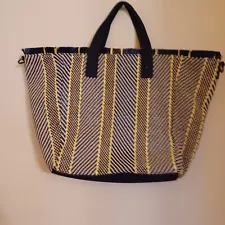 Steve Madden Womens Woven Geometric Pattern Tote Bag Blue Denim Neon Green Beach