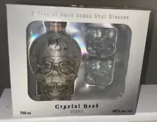 Signed Dan Aykroyd crystal head vodka with skull shot glasses