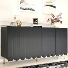 63'' Sideboard Buffet Cabinet, Black Fluted Accent Cabinet with 4 Doors