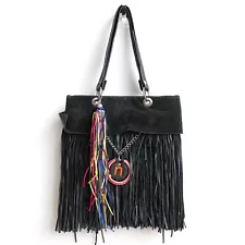 Western Boho Womens Bag Leather Shoulder Black Fringes Hobo Tassel Handbag