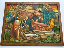 LARGE FILIPINO PAINTING SIGNED VENTURA PHILIPPINES FAMILY FISHERMAN MYSTERY ART