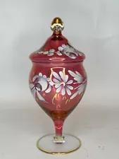 Rare Vintage Hand Painted Cranberry Glass Ref & Gold Candy Jar with Lid