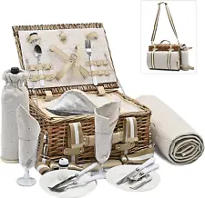 19Pcs Picnic Basket for 2 with Insulated Liner and Waterproof Picnic Blanket Win