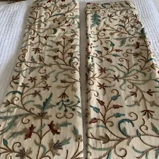 2 Embroidered Crewel Floral Curtain Panels Lined jacobbean 52”x110”