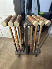 Vintage Wooden Croquet Set 6-Player With Rolling Cart