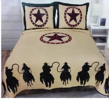 SALE Western Star Cowboy Horse Bronco Quilt Bedspread Comforter Shams 3pc Set