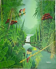 ORIGINAL ART HAITIAN PAINTING FAMOUS ARTIST ALBOTT BONHOMME FOREST PARROTS 2430