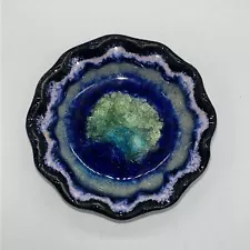 Studio Art Pottery Trinket Dish Crushed Glass Crystalline Black Purple USA 3.5”