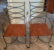 Classic Wrought Iron Dinner Table Chairs Set of 2 Oak Seats Arm Chairs