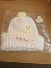 Hand Knitted baby hat , Pom Pom Hat 0 to 3 Months, with Teddy Face