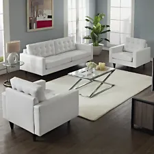 Modway 3PC Mid-Century Modern Tufted Leather Sofa and 2 Armchairs Set in White