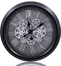 20 Inch Real Moving Gear Wall Clock, Vintage Industrial Steampunk Black