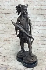 Native American Indian Warrior Shaman Buffalo Horn Headdress Bronze Statue Decor