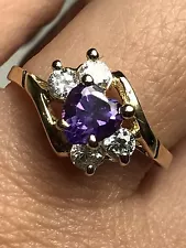 14k Solid RING Heart Real yellow Gold cz Amethyst fine jewelry S 8 5679 10