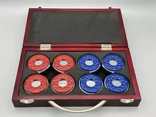 Pro-Series Shuffleboard Pucks with Dark Wood Case - Set Of 8 (4 Blue / 4 Red)