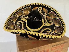 Vintage Mariachi Sombrero Hat Black & Gold Pigalle Salazar 5 X Made In Mexico