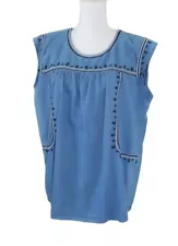 $5 SALE Womens Bass Chambray Denium Embroidered Top XL Cap Sleeves