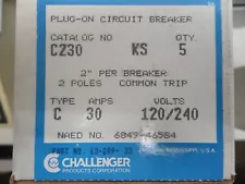 "BOX of 5" "NEW" CHALLENGER #C230 2-Pole 30 amp "KS" Breakers - New in box