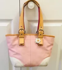 Coach Hand bag,Shoulder bag Leather / Canva With Poppy Flower keychain Pink GUC