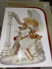 BEAUTIFUL 10 1/2" PORCELAIN ANGEL WITH HARP FIGURINE /HAND PAINTED NIB