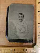 Man As A Baby In A Bowl Comical Arcade Prop Trick Silly Tintype Photo Odd Fun